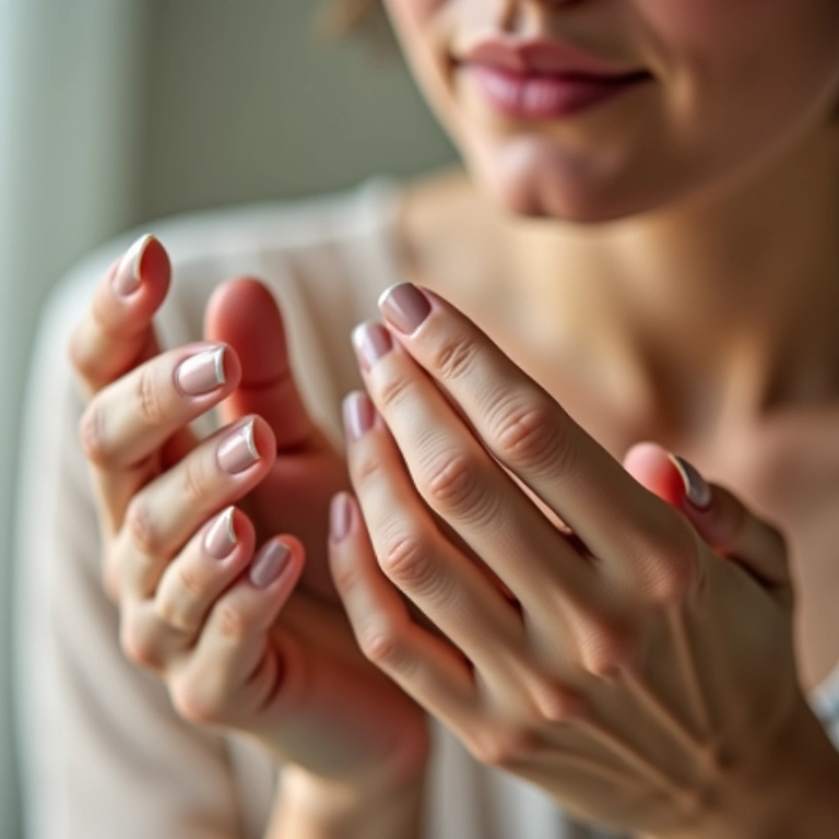 Mulher aplicando creme hidratante nas mãos e unhas.