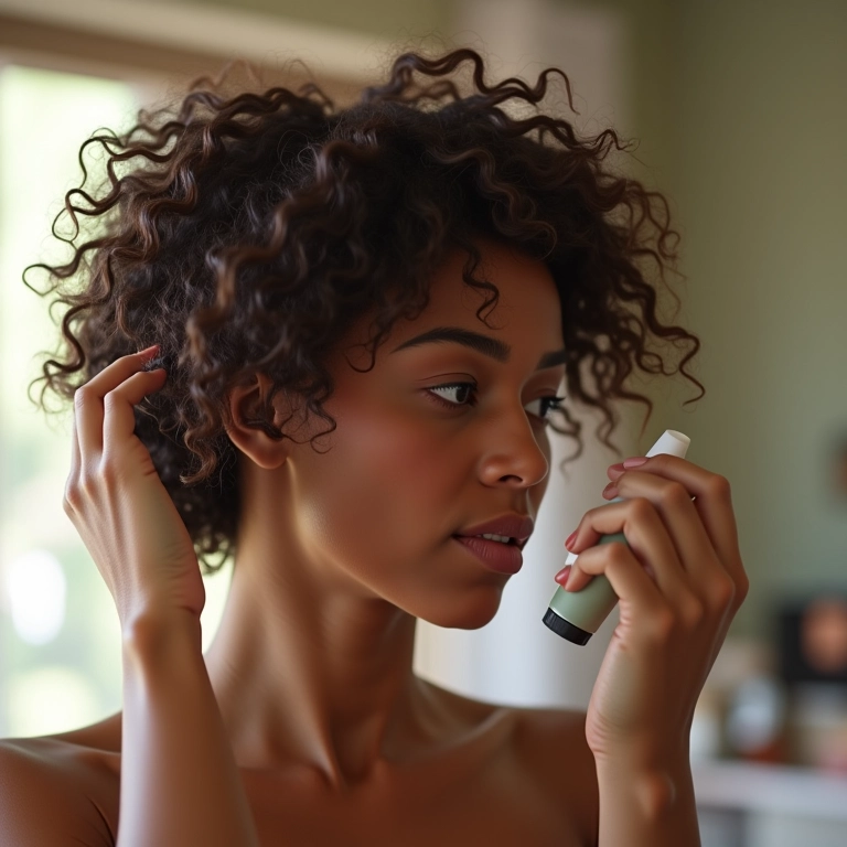 Mulher aplicando creme para definir cachos em um cabelo cacheado.