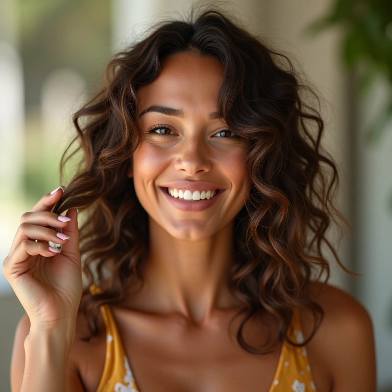 Mulher aplicando creme X para definição duradoura dos cabelos ondulados.