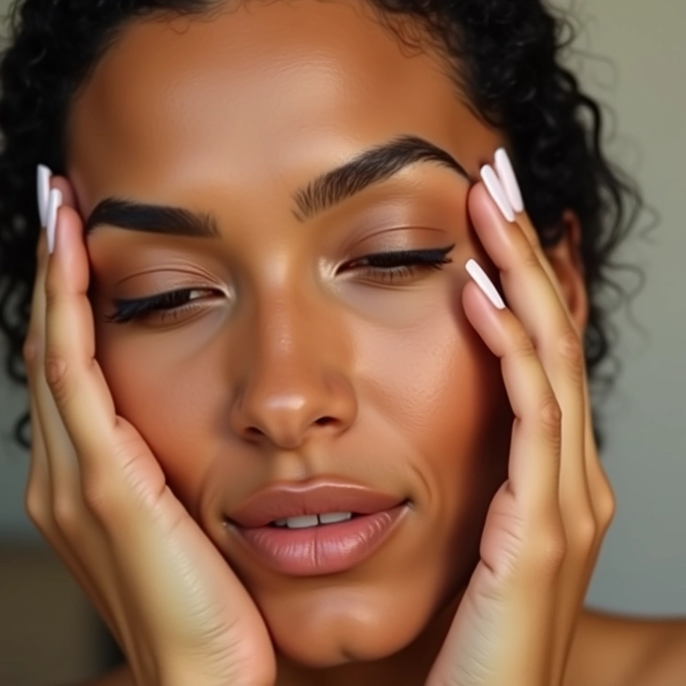 Mulher aplicando delicadamente creme para a área dos olhos.