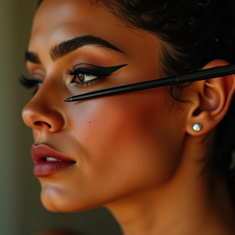 Mulher aplicando delineador para definir o olhar, com maquiagem inspirada no estilo Farm Rio.