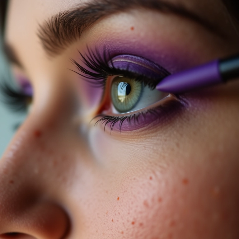Mulher aplicando delineador roxo, close-up detalhado.