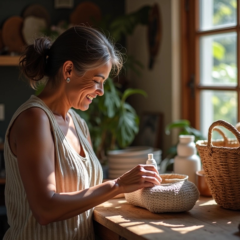 Mulher aplicando endurecedor de tecido Acrilex em uma cesta de crochê em um ateliê iluminado.