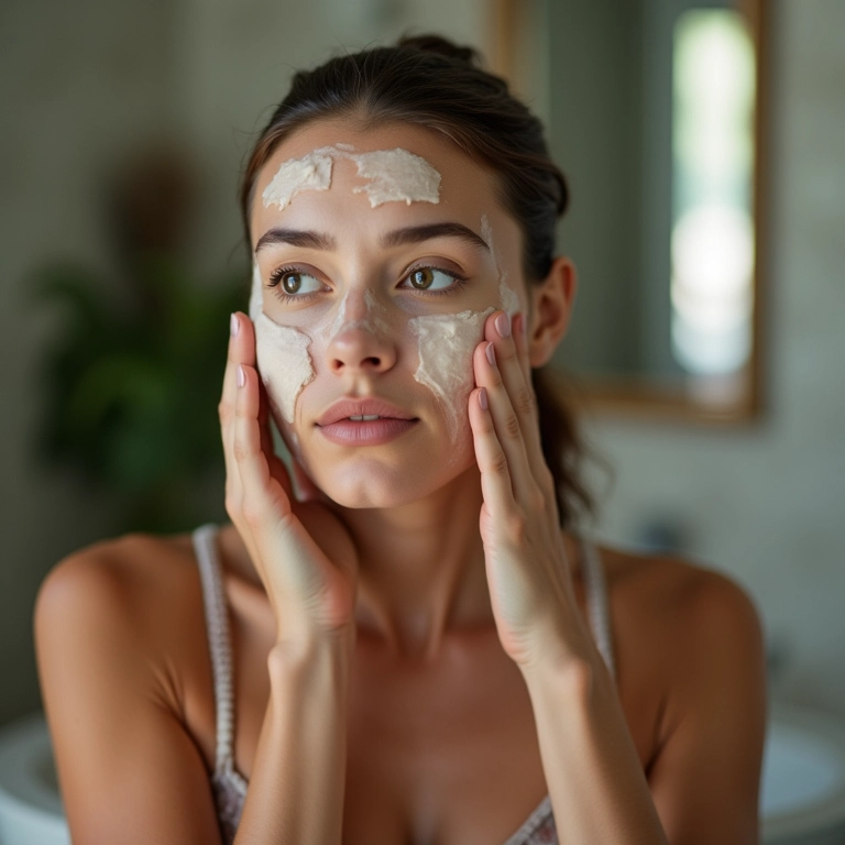 Mulher aplicando esfoliante facial corretamente, seguindo um passo a passo suave.