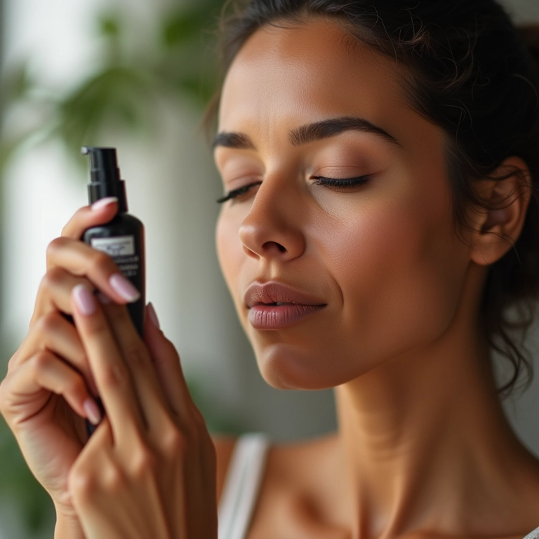 Mulher aplicando fixador de maquiagem.