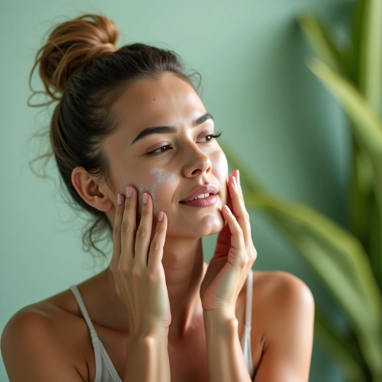Mulher aplicando gel de babosa na pele em banheiro iluminado.