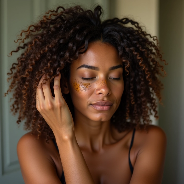 Mulher aplicando henna no cabelo, com foco nos fios fortalecidos e saudáveis.
