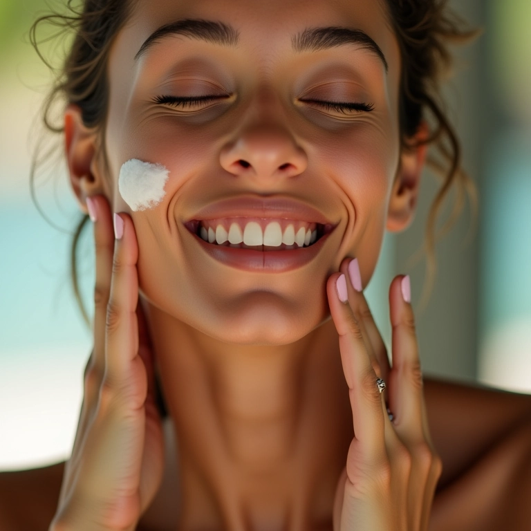 Mulher aplicando hidratante após esfoliação facial, demonstrando cuidados essenciais.