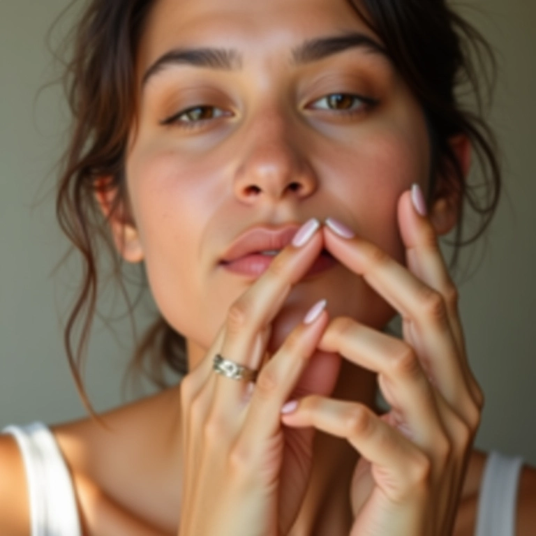 Mulher aplicando hidratante com cor com os dedos para uma maquiagem natural.