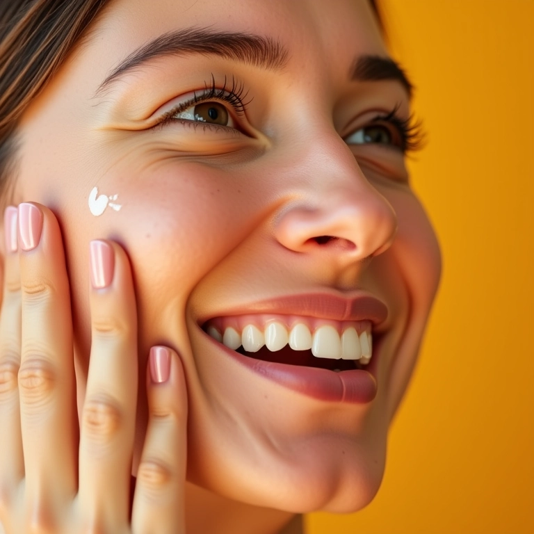 Mulher aplicando hidratante facial acessível com sorriso.