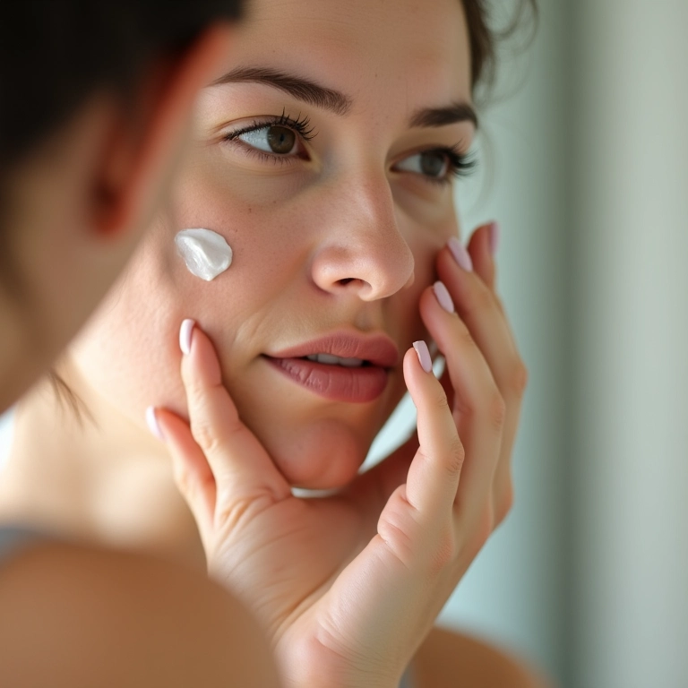 Mulher aplicando hidratante facial em close-up.