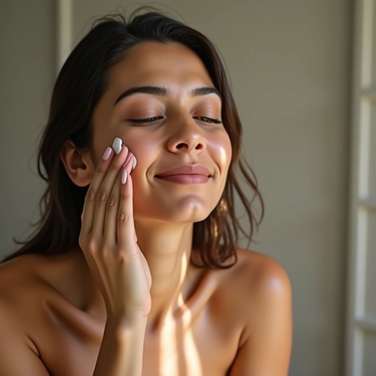 Mulher aplicando hidratante leve para uma pele radiante.