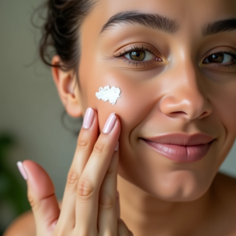 Mulher aplicando hidratante no rosto.