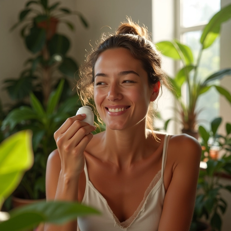 Mulher aplicando hidratante oil-free no rosto sorrindo.