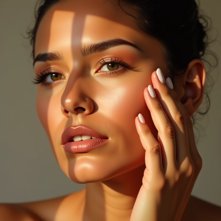 Mulher aplicando iluminador nas maçãs do rosto para um brilho natural.