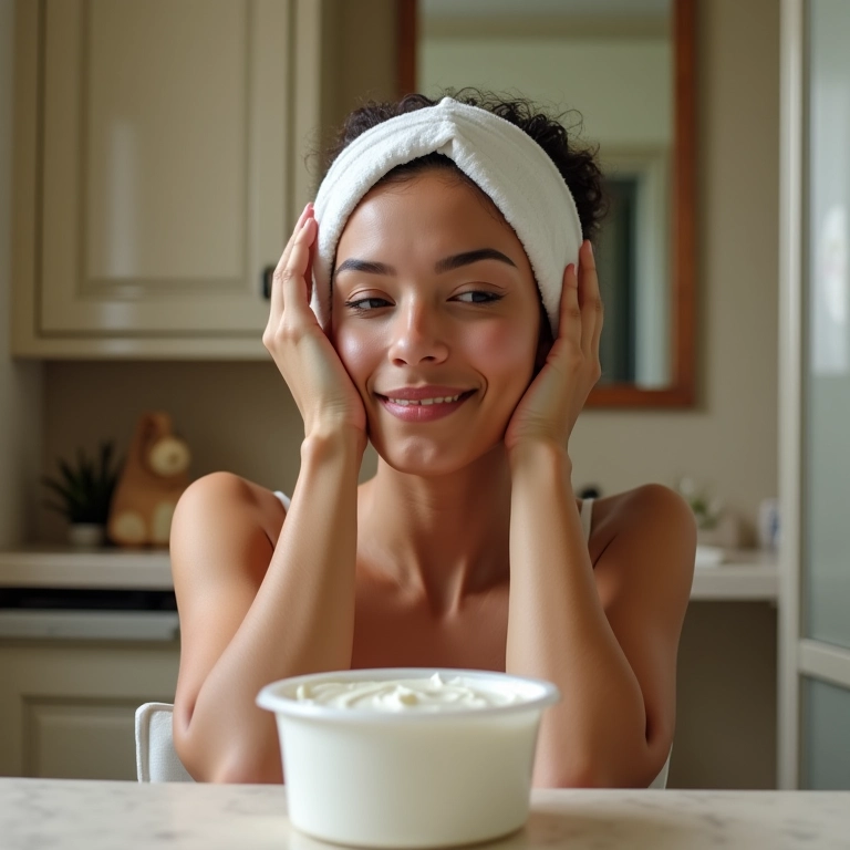 Mulher aplicando iogurte natural no cabelo.