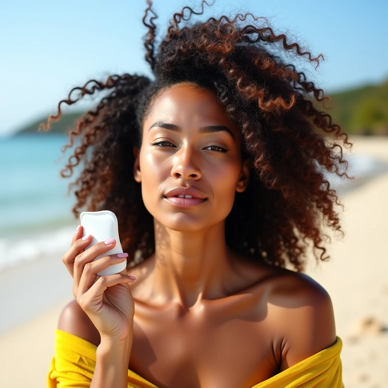 Mulher aplicando leave-in com proteção térmica e solar nos cabelos cacheados 3B.