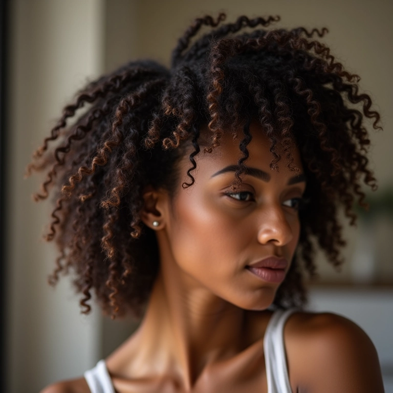 Mulher aplicando leave-in com proteção térmica em cabelo 3C.