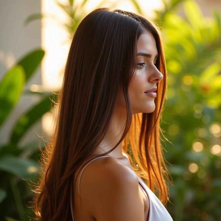 Mulher aplicando leave-in de óleo de coco para alinhar os cabelos e reduzir o frizz.