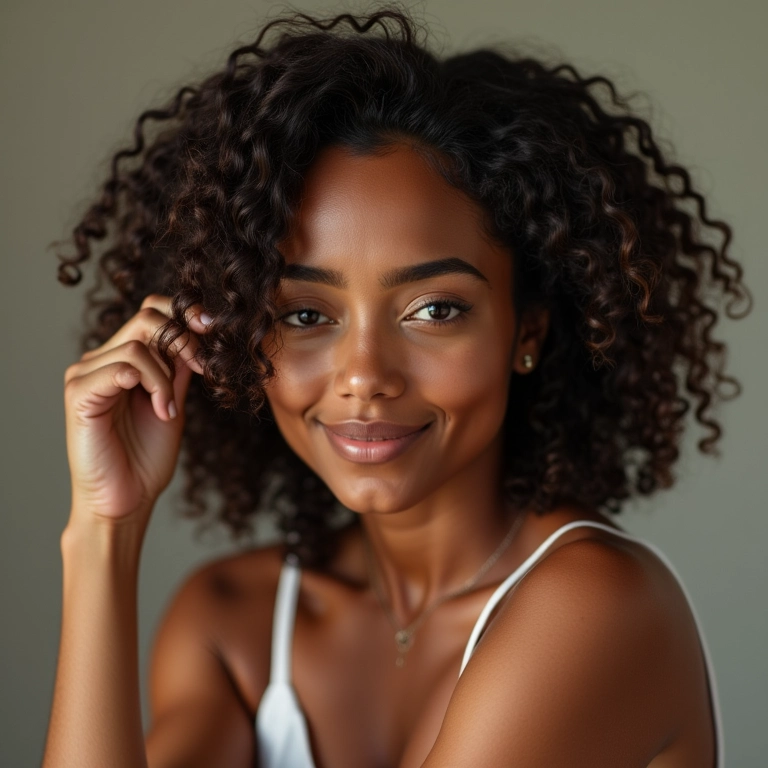 Mulher aplicando leave-in em cabelos ondulados para definição.