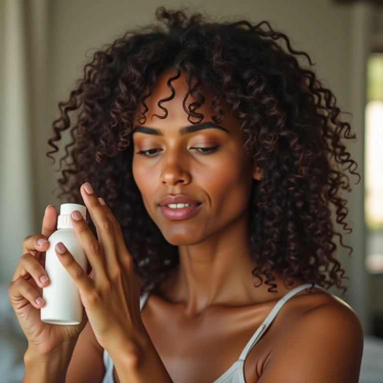 Mulher aplicando leave-in leve no cabelo ondulado.