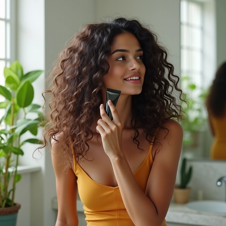 Mulher aplicando leave-in no cabelo 2B em banheiro iluminado.