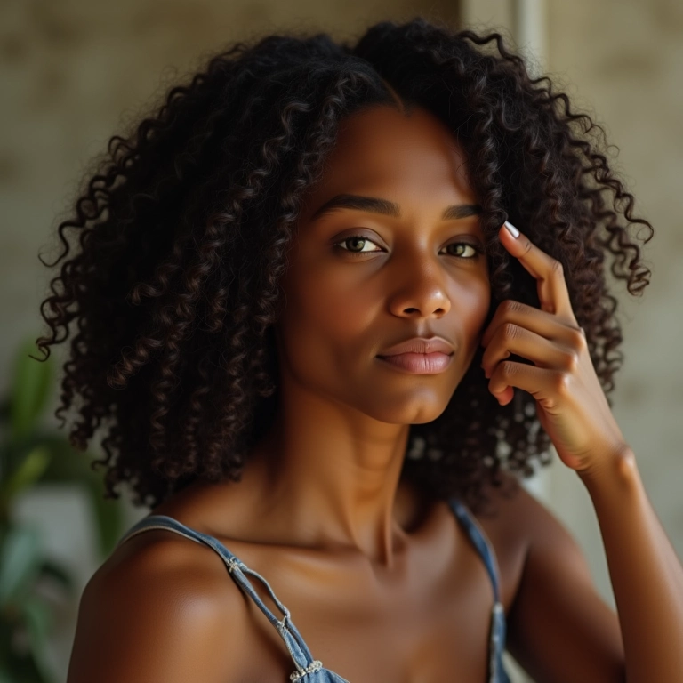 Mulher aplicando leave-in no cabelo cacheado (método LOC) para hidratação e nutrição.