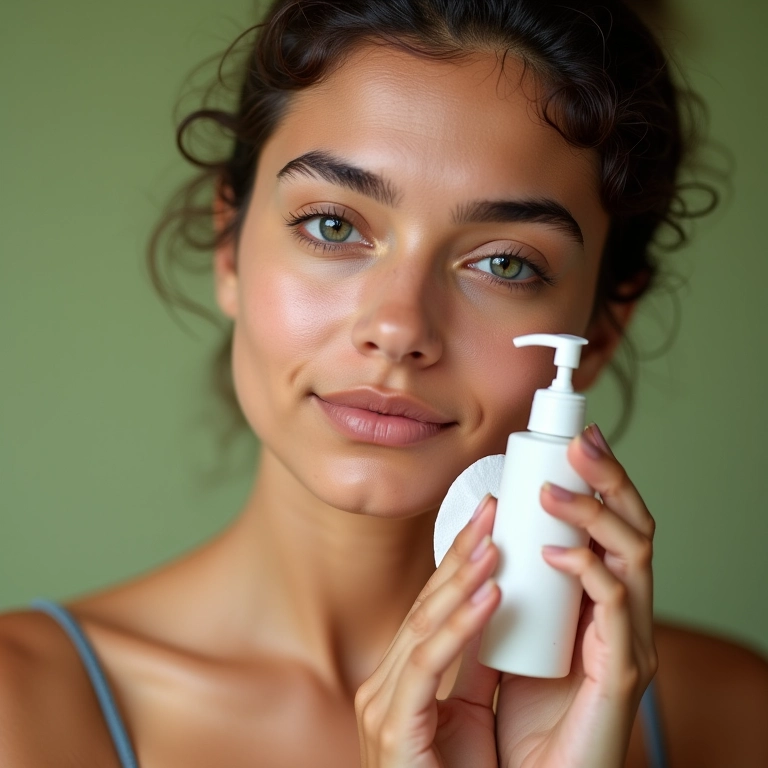 Mulher aplicando loção adstringente no rosto com algodão.