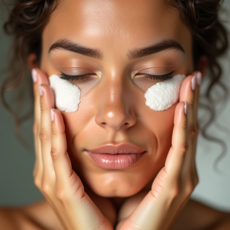 Mulher aplicando manteiga de cacau nas olheiras para um olhar descansado.