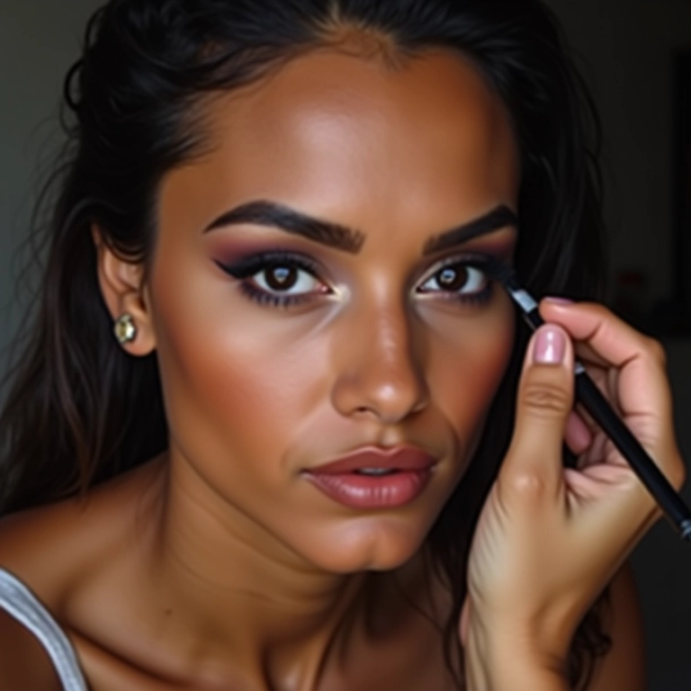 Mulher aplicando maquiagem nos olhos para um olhar marcante.