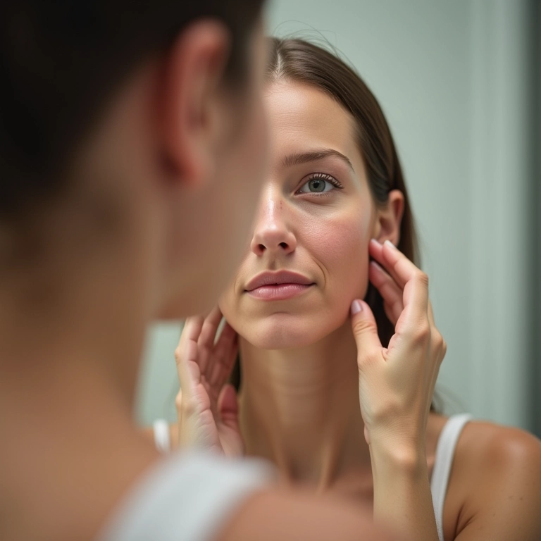 Mulher aplicando maquiagem suavemente em pele com rosácea.