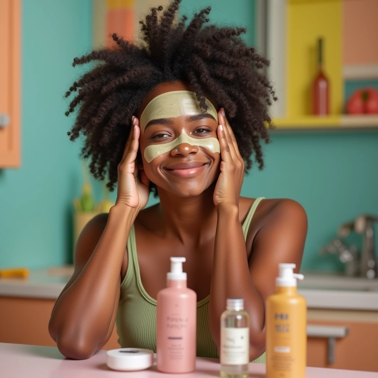 Mulher aplicando máscara capilar em um banheiro vibrante, com produtos personalizados.