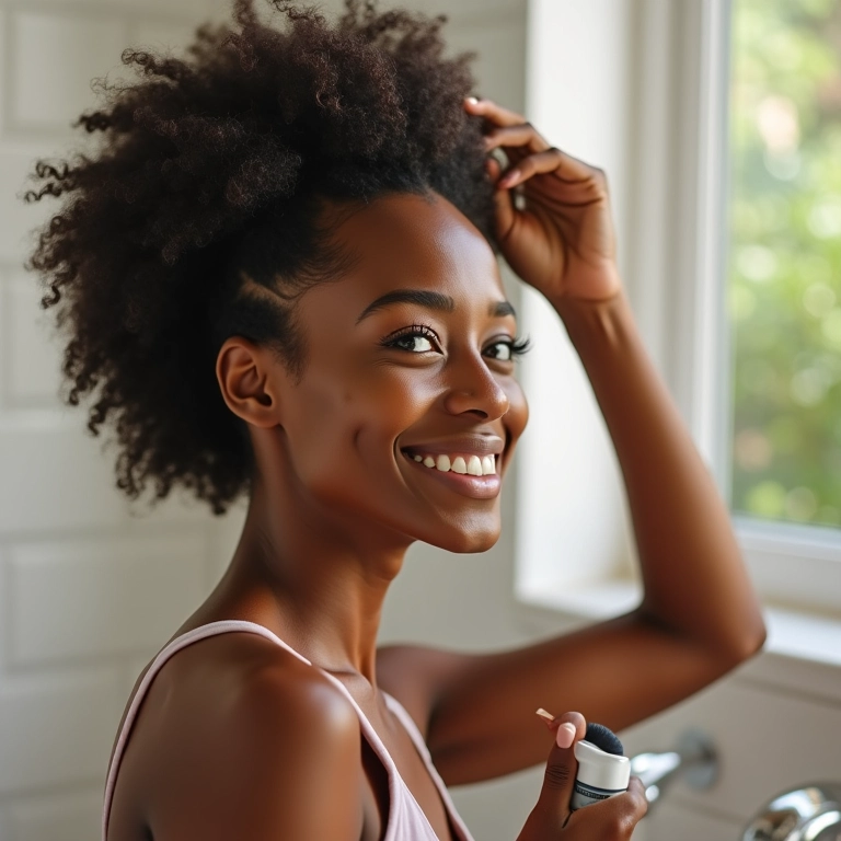 Mulher aplicando máscara capilar leve no cabelo 2A em casa.