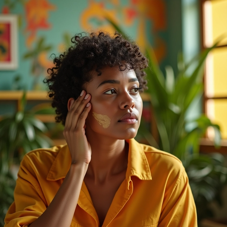 Mulher aplicando máscara capilar seguindo um cronograma de cuidados.
