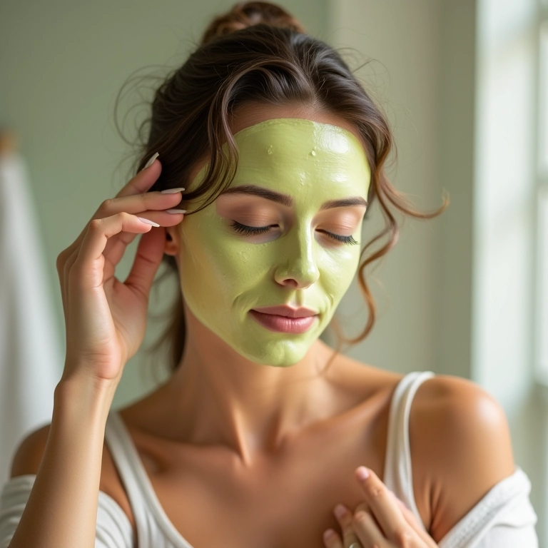 Mulher aplicando máscara de abacate e azeite no cabelo.