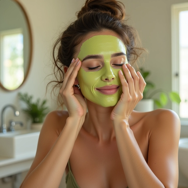 Mulher aplicando máscara de abacate e azeite no cabelo em banheiro decorado.