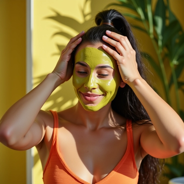 Mulher aplicando máscara de abacate e azeite no cabelo.