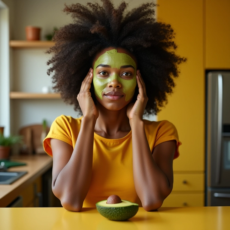 Mulher aplicando máscara de abacate nos cabelos.
