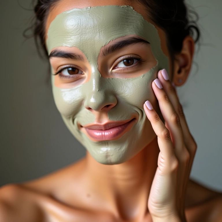 Mulher aplicando máscara de argila natural no rosto.