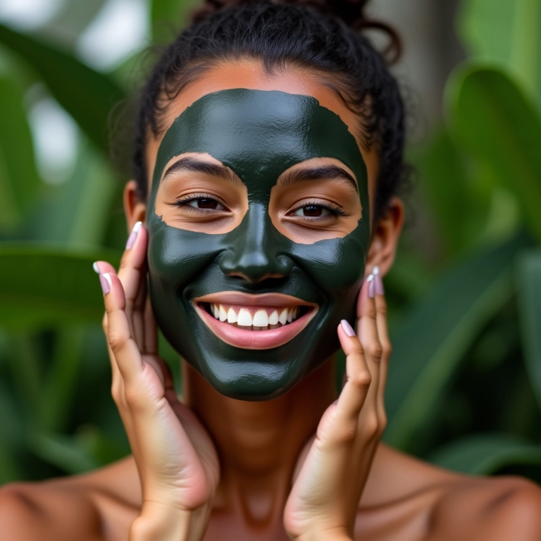 Mulher aplicando máscara de argila preta no rosto.