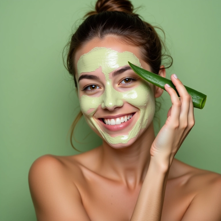 Mulher aplicando máscara de babosa e açúcar no cabelo, sorrindo.