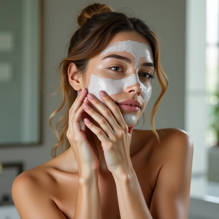 Mulher aplicando máscara de brilho em cabelo oleoso em banheiro moderno.