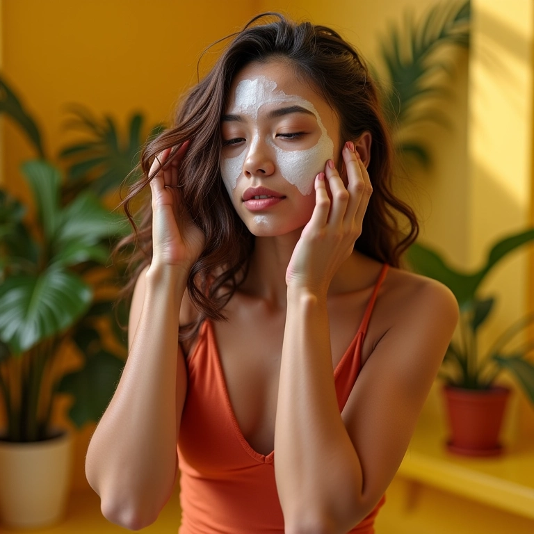 Mulher aplicando máscara de brilho em cabelo seco em banheiro decorado.