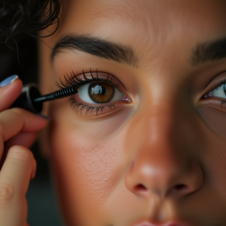 Mulher aplicando máscara de cílios, olhando para a câmera com cílios definidos.