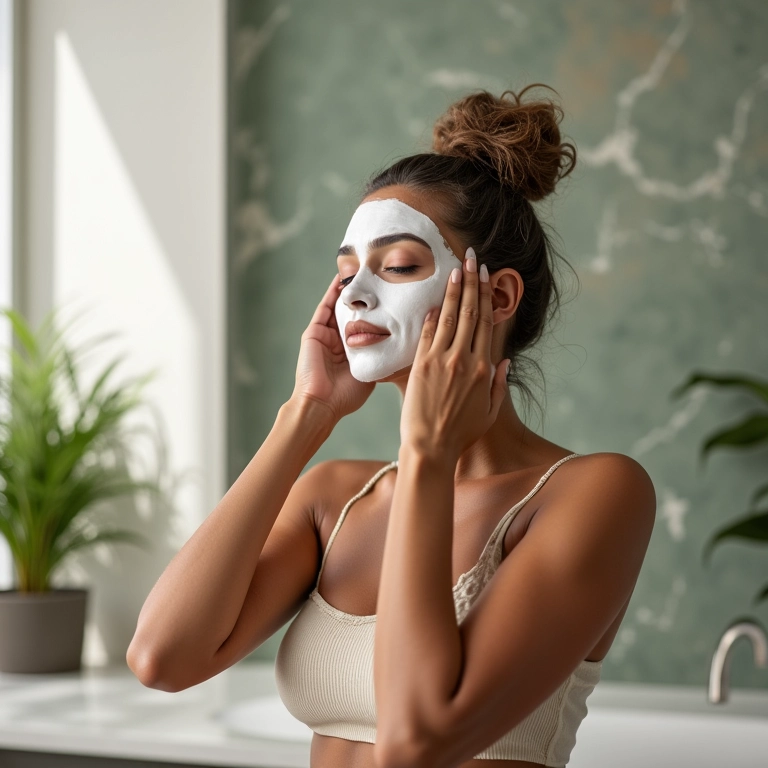 Mulher aplicando máscara de hidratação capilar no banheiro.