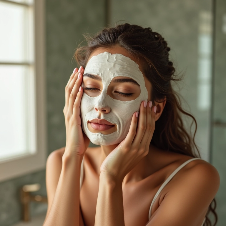 Mulher aplicando máscara de hidratação caseira com glicerina no banheiro.