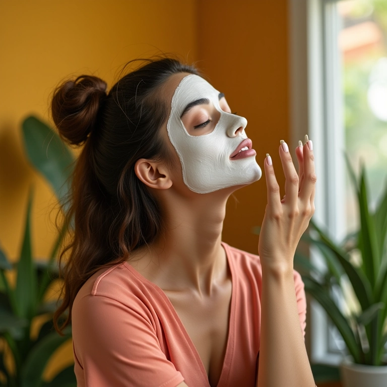 Mulher aplicando máscara de hidratação em cabelo com química, 'Hidratação Power'.