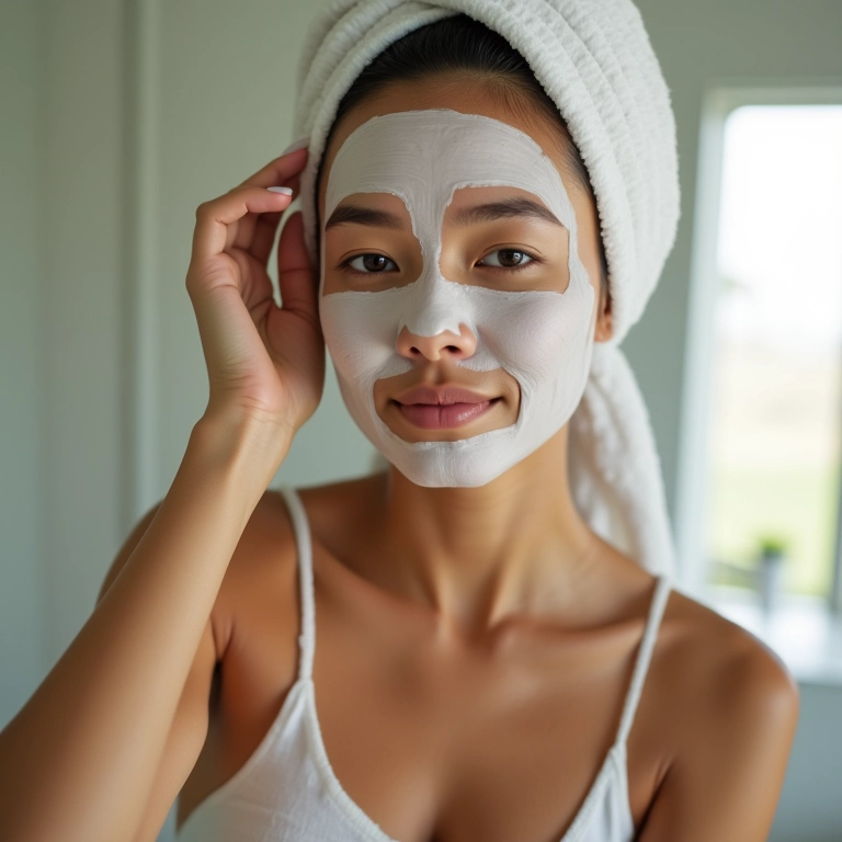 Mulher aplicando máscara de hidratação no cabelo.
