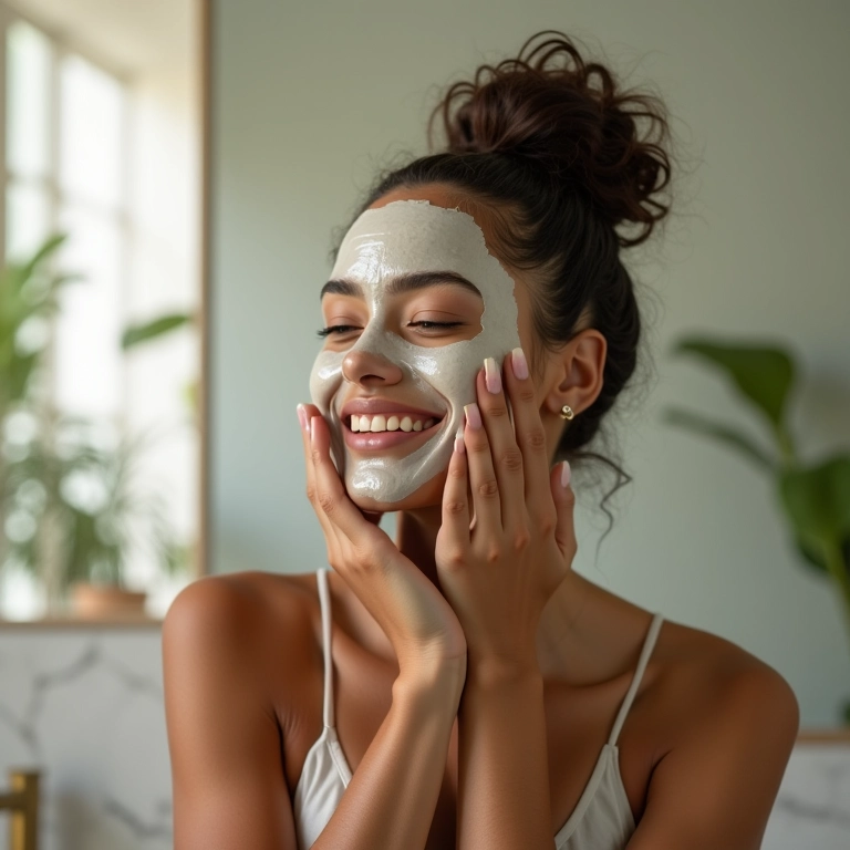 Mulher aplicando máscara de hidratação no cabelo em banheiro iluminado.