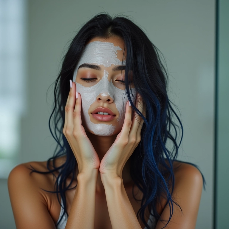 Mulher aplicando máscara de hidratação no cabelo preto azulado.